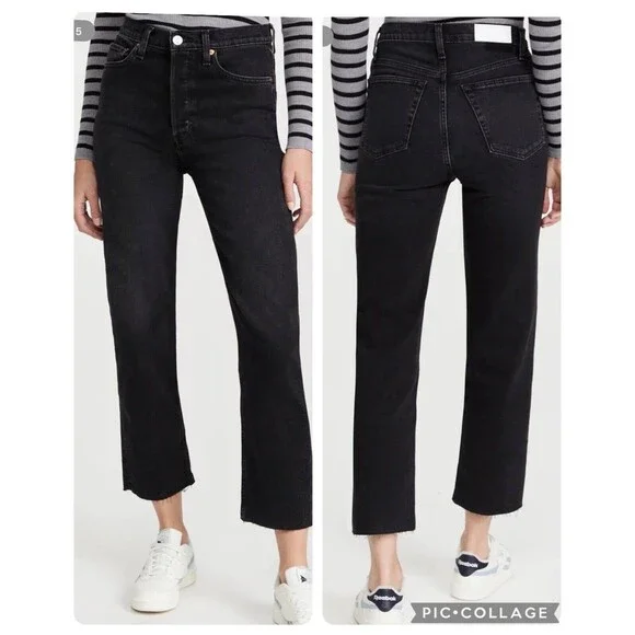 Re/Done 70s Stove Pipe High Rise Jeans Black Ankle Raw Hem NWT Sz 32 / 14 - Picture 5 of 16